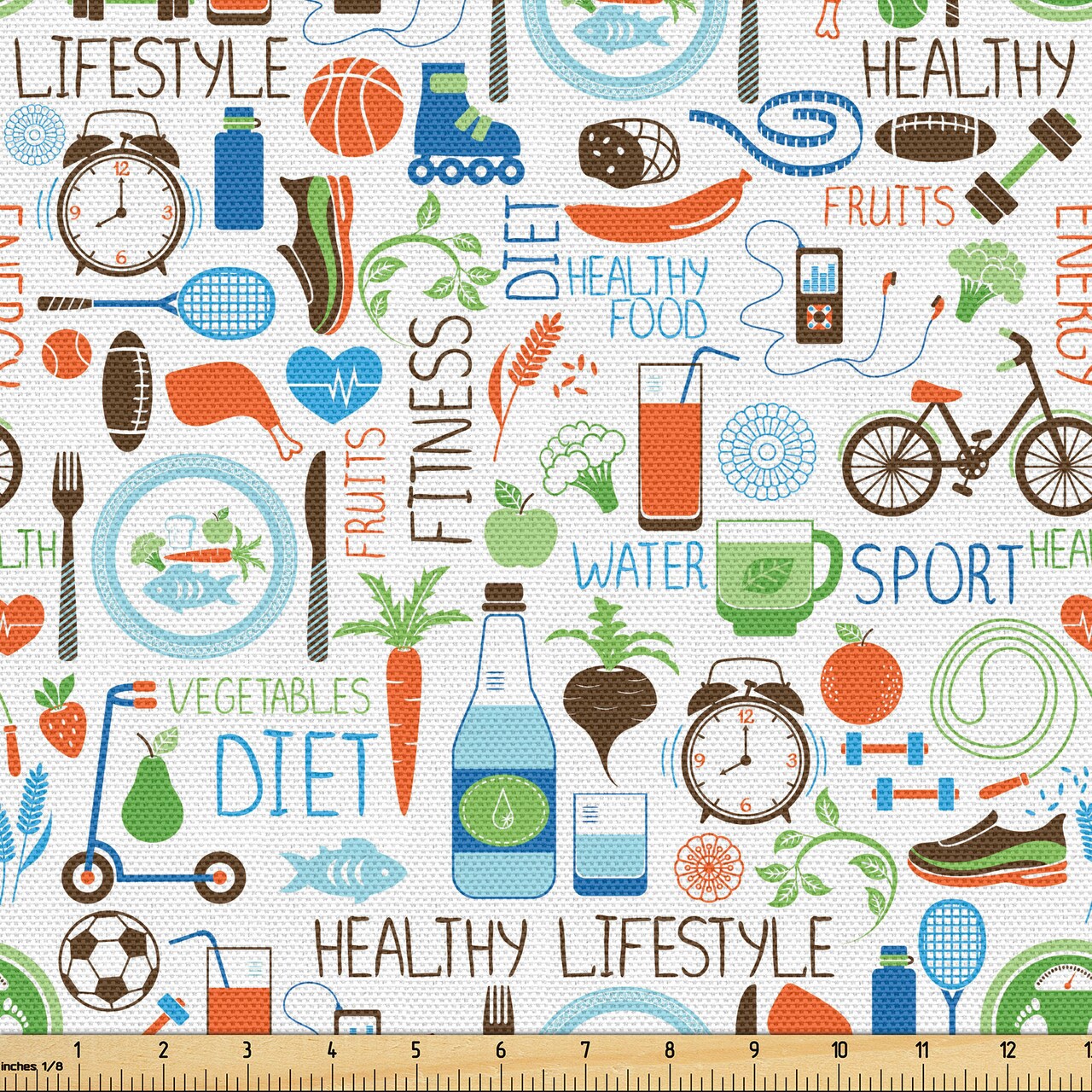 Ambesonne Fitness Fabric by The Yard, Sports and Diet Balance Nutrition Bicycle Organic Fresh Food Poultry Juice Vitality, Decorative Fabric for Upholstery and Home Accents, 10 Yards, Blue Orange